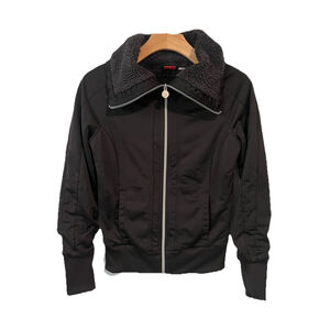 Puma Full Zip Bomber Track Jacket Womens Size Small Black Sherpa Lined Pockets